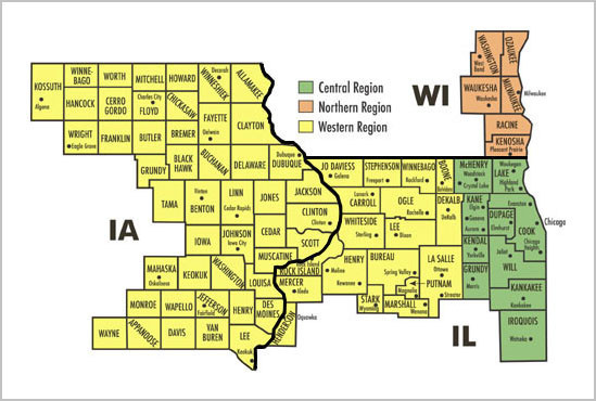 Illinois, Iowa, Wisconsin county map